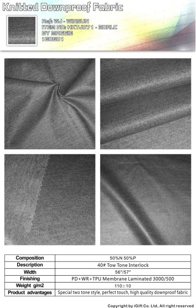 WJ-WNSN 針織羽絨面料11  Composition：50%Nylon 50%Polyester  Description:40雪柳+TPU低透明  Product advantages:別樣的雙色效果，更親膚細緻手感 正面照